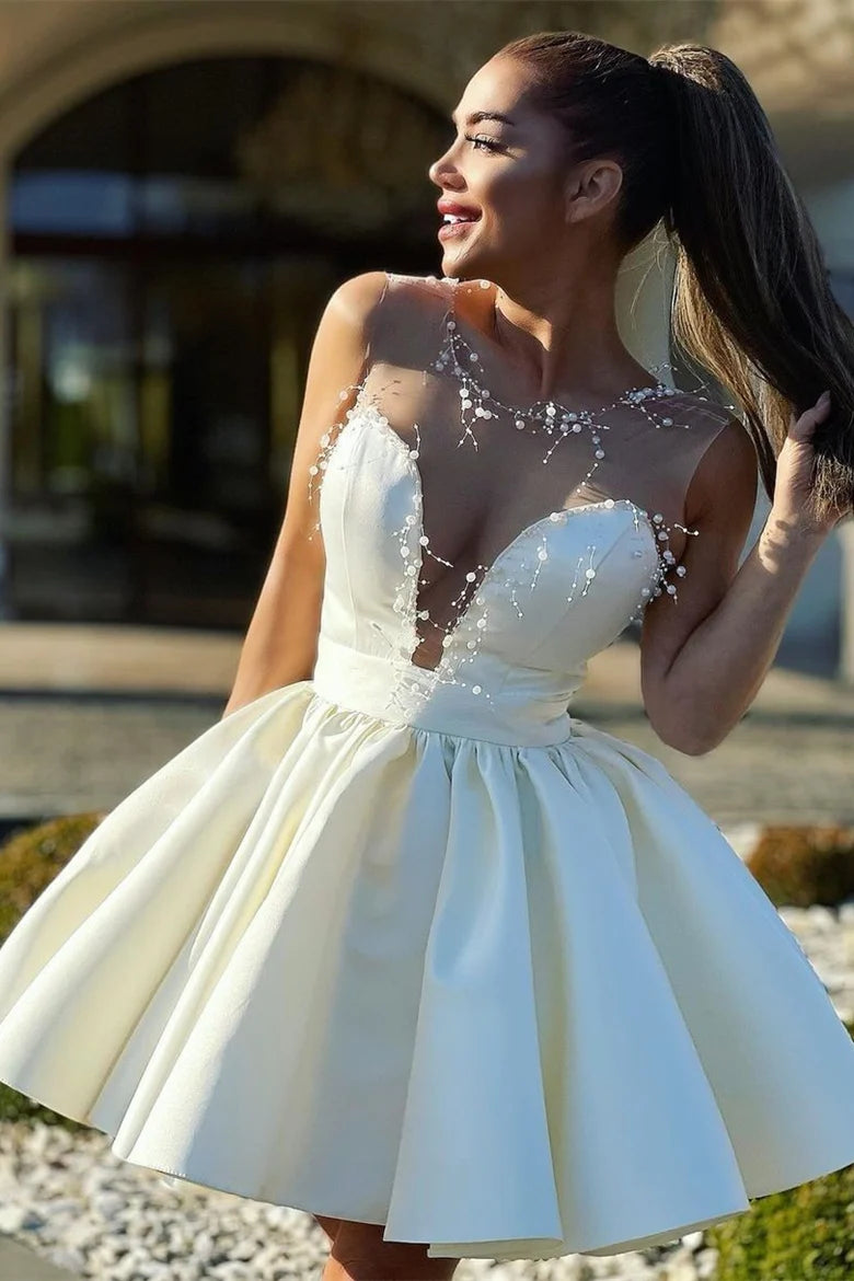 Vestido de fiesta sexy de satén con corte A y perlas para regreso a casa